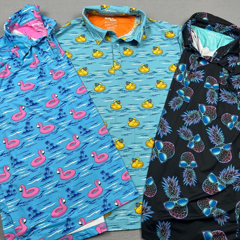 Birdie Bound Golf Polo Shirt Lot 3 Pack Rubber Duck Flamingo Pineapple Men's 2XL